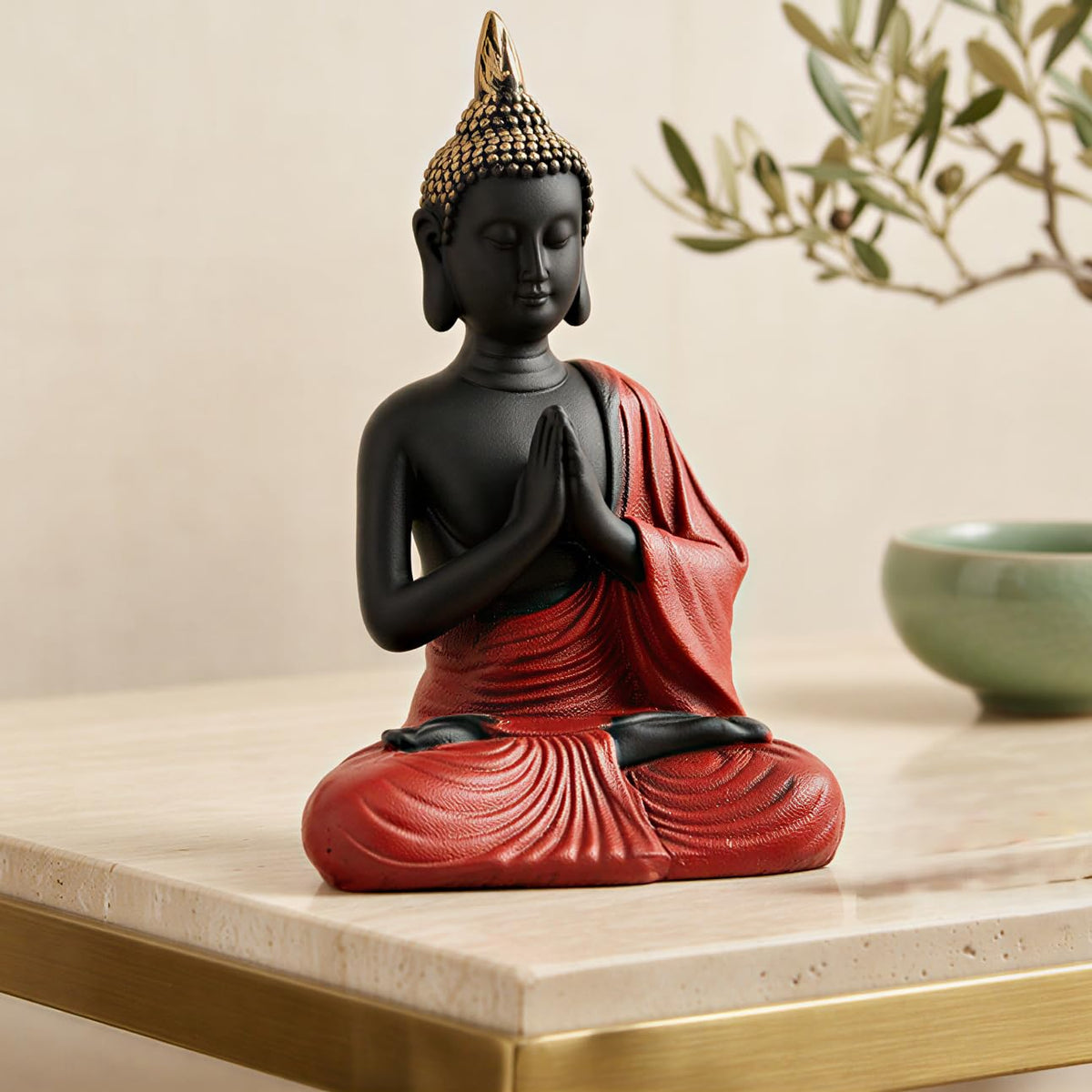 New Namaste Praying Buddha Statue showpiece Idol Home Decor Items for Living Room and Gifts (RED Black)
