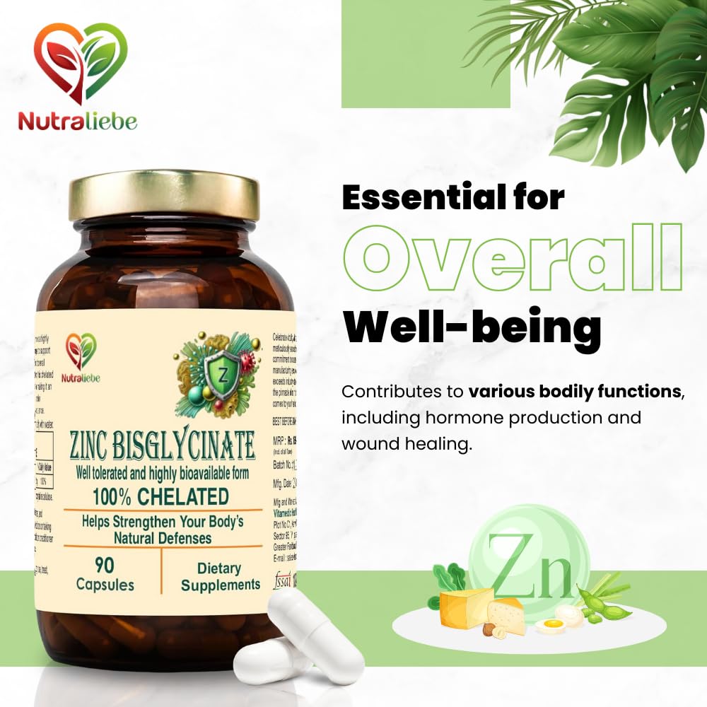 Nutraliebe Zinc Bisglycinate – High Absorption Zinc for Immune Support, Skin Health, and Cellular Function – 90 Capsules