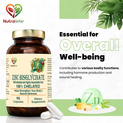 Nutraliebe Zinc Bisglycinate – High Absorption Zinc for Immune Support, Skin Health, and Cellular Function – 90 Capsules