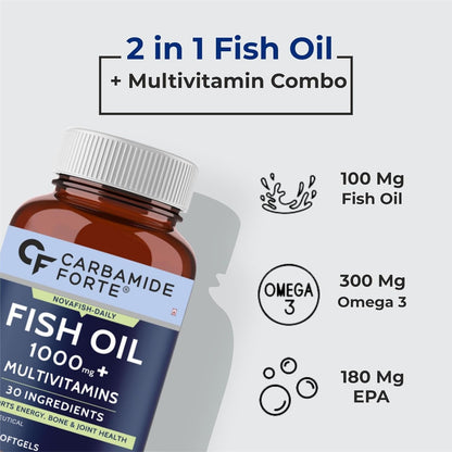 Carbamide Forte Fish Oil with Multivitamin and Omega 3 1000mg Capsules for Men & Women | Fish Oil And Multivitamin Combo with 30 Ingredients - 60 Softgel Capsules, 110 grams