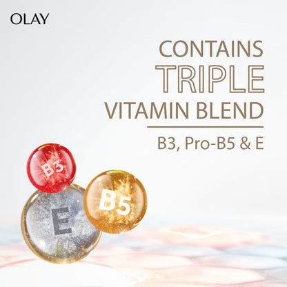 Olay advertisement with vitamins labeled B3, Pro-B5, and E on a light background.