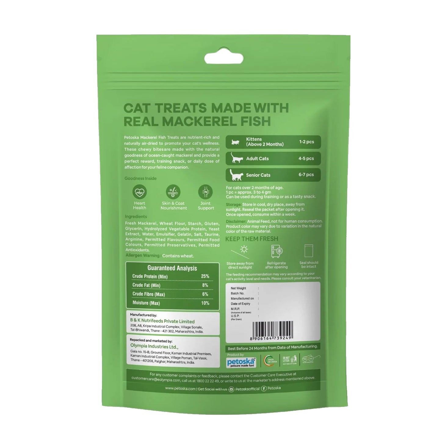 Petoska Mackerel Fish Cat Treats - 100g | Air-Dried Ocean-Caught Mackerel Bites with Taurine & Omega-3 | Chewy Snack to Support Heart, Shiny Coat & Joints | Kittens & Adult Cats