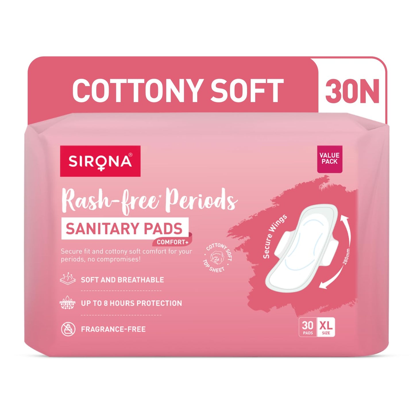 Sirona sanitary pads packaging with pink and white design on a white background