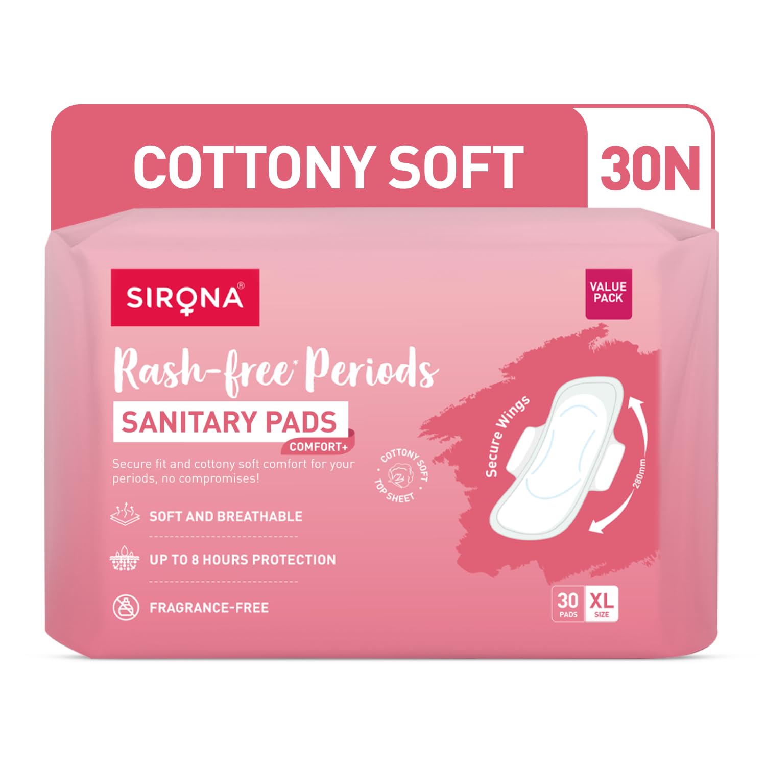Sirona sanitary pads packaging with pink and white design on a white background