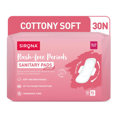 Sirona sanitary pads packaging with pink and white design on a white background
