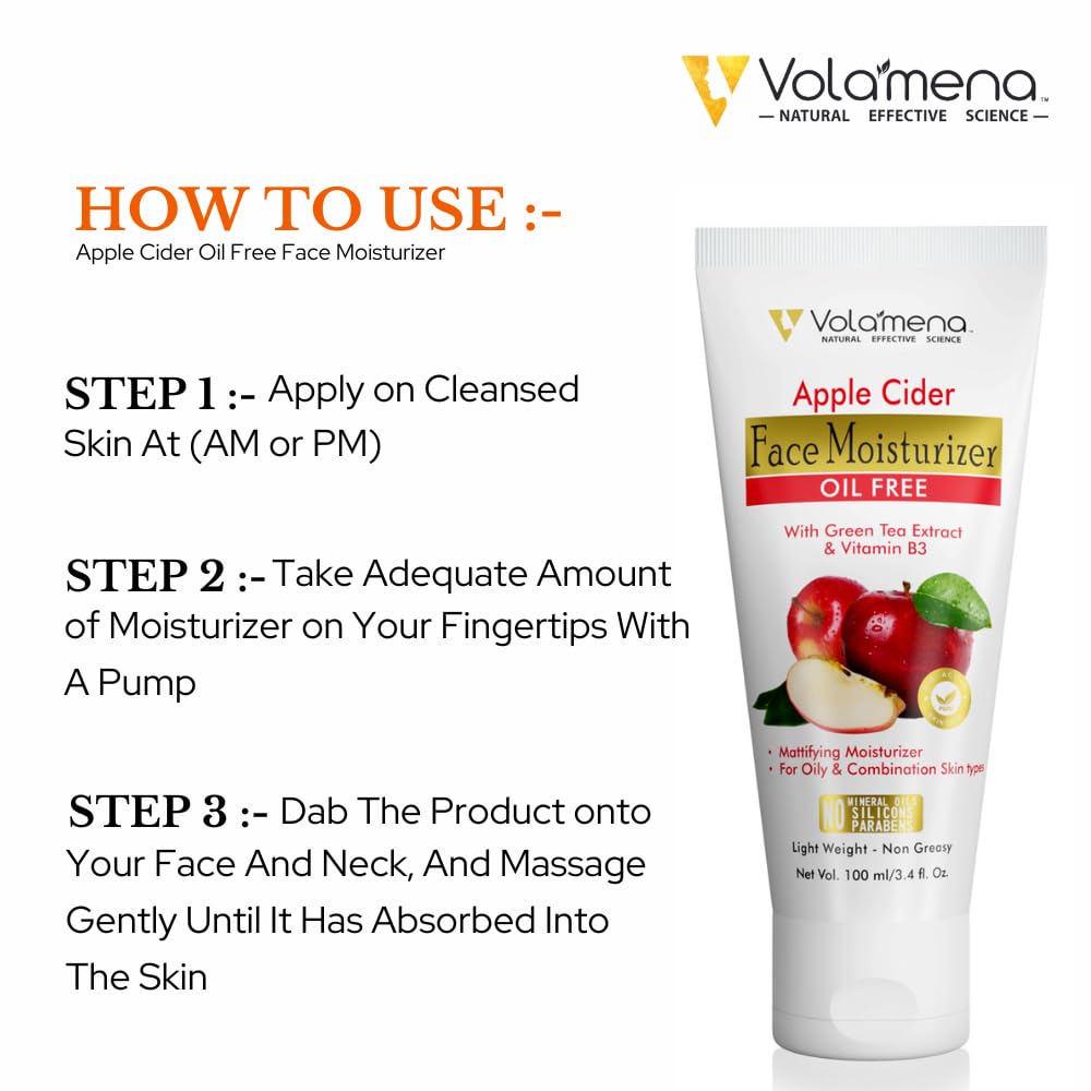 Volamena Apple Cider Vinegar Face Cream Light Weight Oil Free Mosturizer Cream For Face | Acne Prone Skin 100 ml