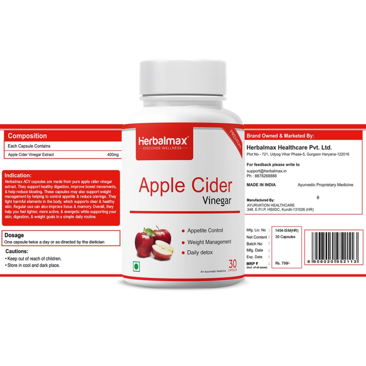 Herbal Max Organics Apple Cider Vinegar – 30 Veg Capsules (800mg) | With The Mother | Natural Detox, Digestion, Weight Management & Gut Health Support