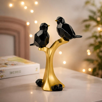 Striking Geometric Bird Pair Sculpture for Home & Office Décor | Modern Black & Gold Perched Birds Showpiece for Living Room, Shelf & Table Styling (22 cm)