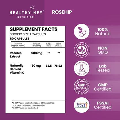 Supplement facts label for Healthy Hey Nutrition Rosehip supplement on a purple background with certification logos.