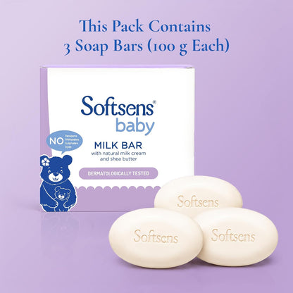 Softsens Baby Milk Bar Soap 100g each x 3 (300g) | Gentle Cleansing & Moisturizing | With Natural Milk Cream & Shea Butter | Dermatologically Tested, Hypoallergenic & Free from Parabens, SLS & SLES