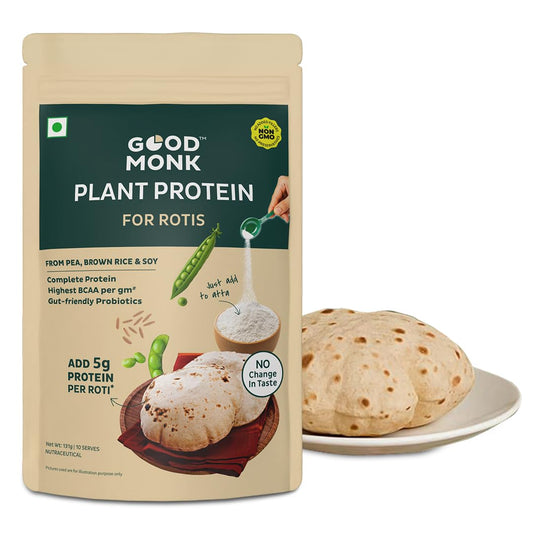 Good Monk Plant Protein for Rotis | Add to Atta - No Taste Change | 20 gm protein in 4 Rotis | From Pea, Brown Rice & Soy | Clean Protein & Gut Friendly Probiotics | All Essential Amino Acids | Stronger Muscles | No Added Sugar/Sweetener | 131 gm