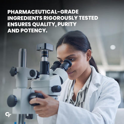 Scientist using a microscope with text about pharmaceutical-grade ingredients.
