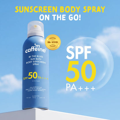 mCaffeine Sun Bath Body Sunscreen Spray SPF 50 PA +++ | In-vivo Tested | UVA & UVB Protection, Invisible, Non-Greasy | Water & Sweat Resistant Spray | By The Blues - Aquatic Woody Fragrance - 100ml
