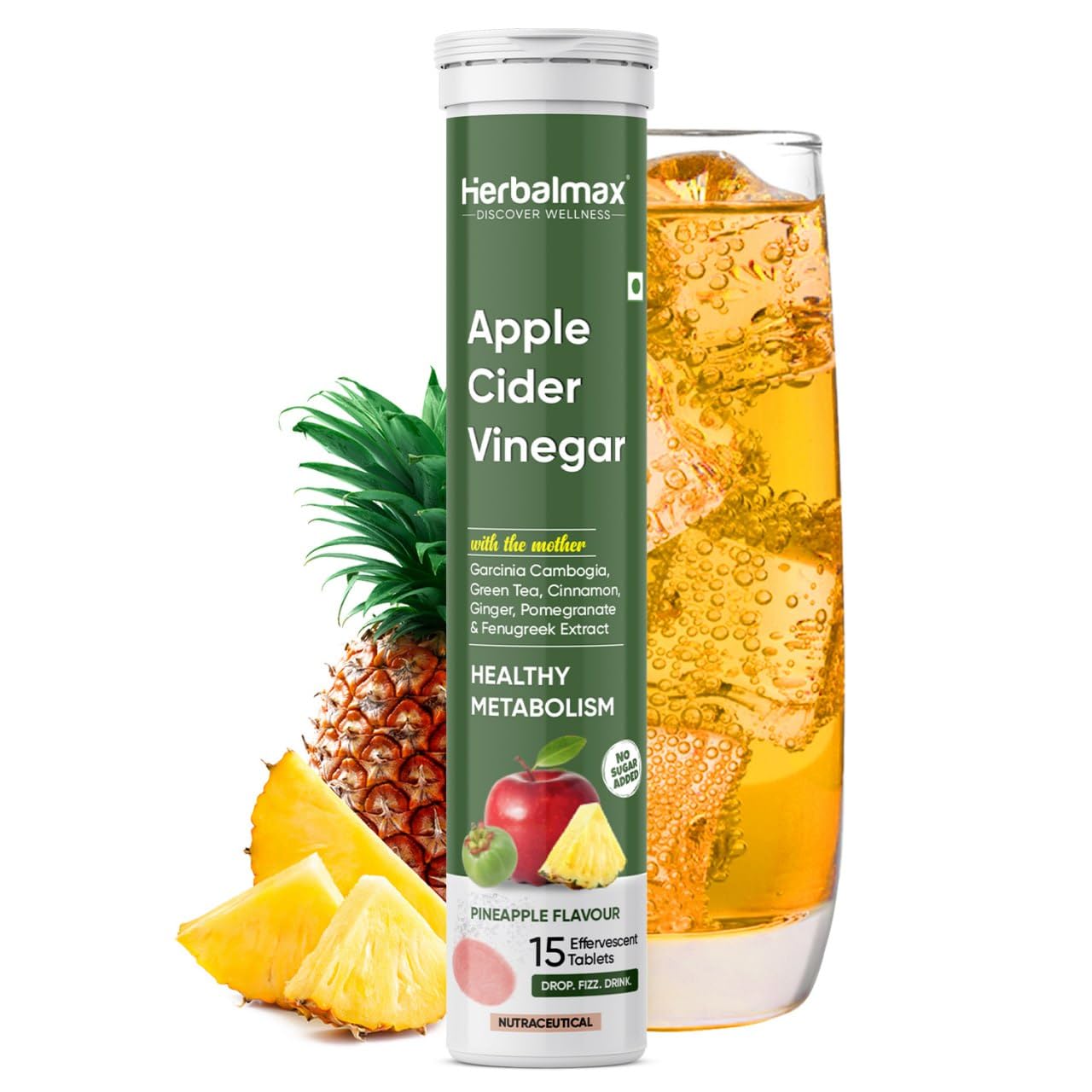 Herbalmax Apple Cider Vinegar with Pineapple flavor next to a glass of apple cider vinegar drink.