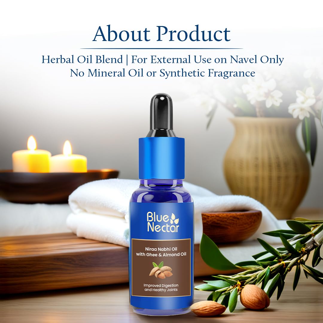 Blue Nectar Nabhi Oil with Ghee & Almond | Nabhya Dhara Belly Button Oil for Digestion & Joint Support | Authentic Ayurvedic Care for Knee, Back, & Body ache (21 Herbs, 10 ml)