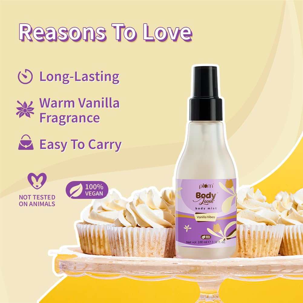 Plum Bodylovin' Vanilla Vibes Body Mist for Women | Long Lasting Vanilla Fragrance with Warm & Cozy Vanila Scent | High on Fun | Travel Friendly Perfume Body Spray - 100ml