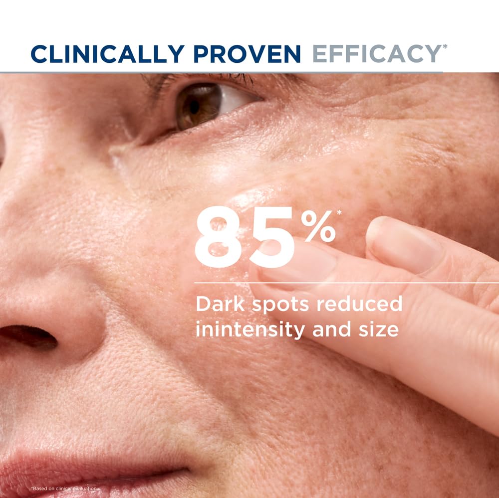 Close-up of a person's face with text indicating clinically proven efficacy and dark spot reduction.