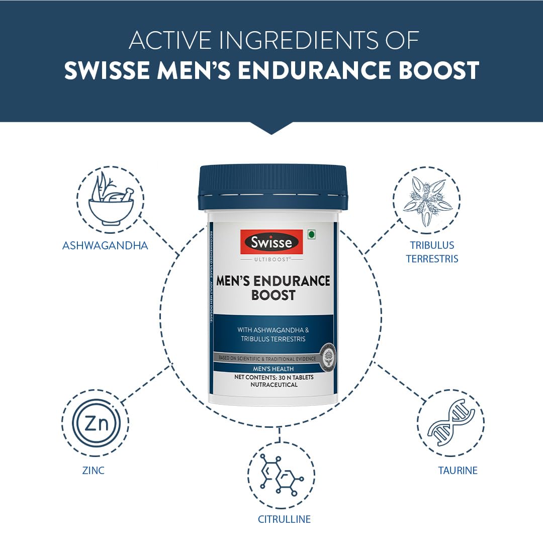 Zephivo Swisse Men’s Endurance Boost with 150mg Ashwagandha, 80mg Tribulus Terrestris (Gokshura) & Taurine for Performance Boost - Manufactured in Australia - Boosts Strength & Performance (30 Tablets)