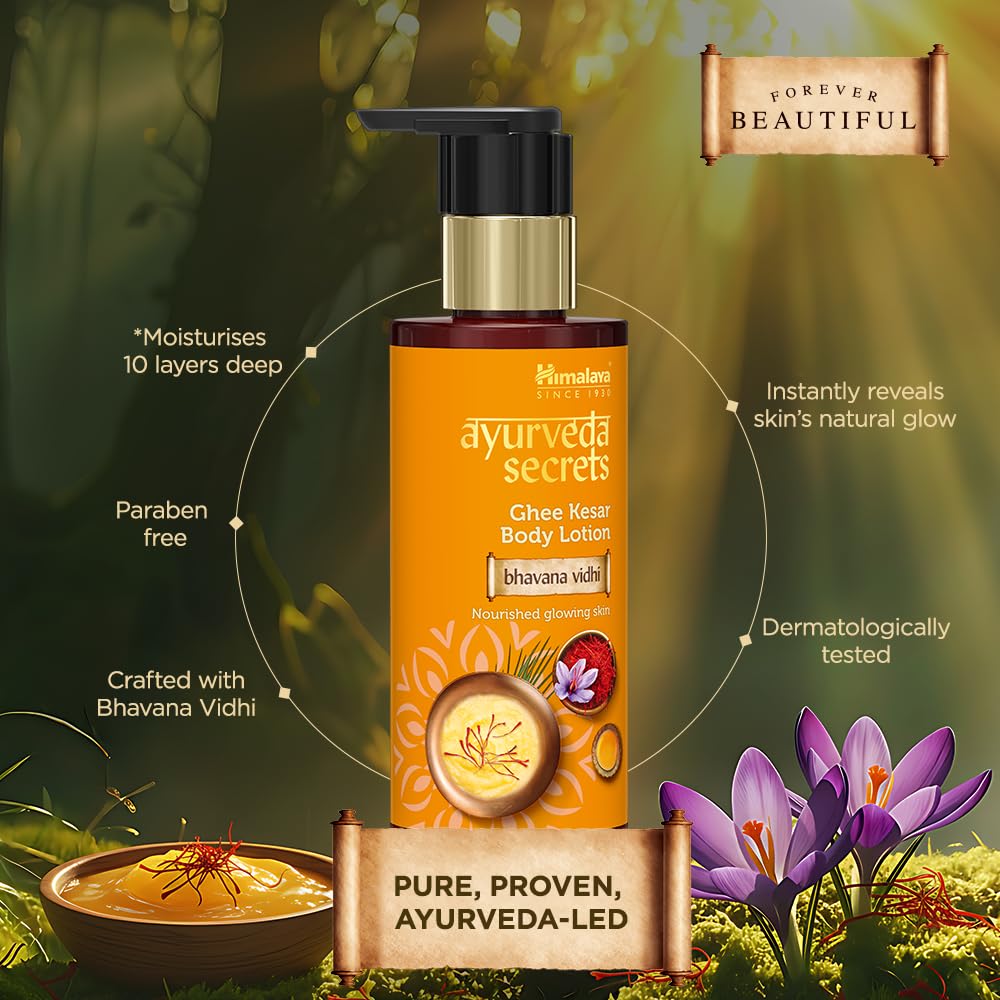 Himalaya ayurveda secrets Ghee Kesar Body Lotion bottle with natural elements on a green background