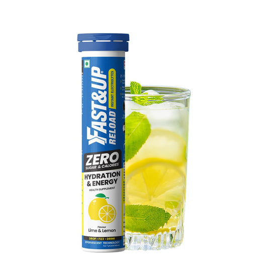 Fast&Up Zero hydration and energy supplement with a glass of lemon and mint drink on a white background