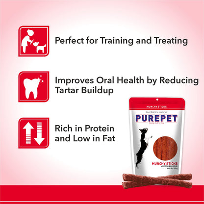 PUREPET Dog Treat Munchy Sticks, Mutton Flavour 400G Pack, All Life Stages