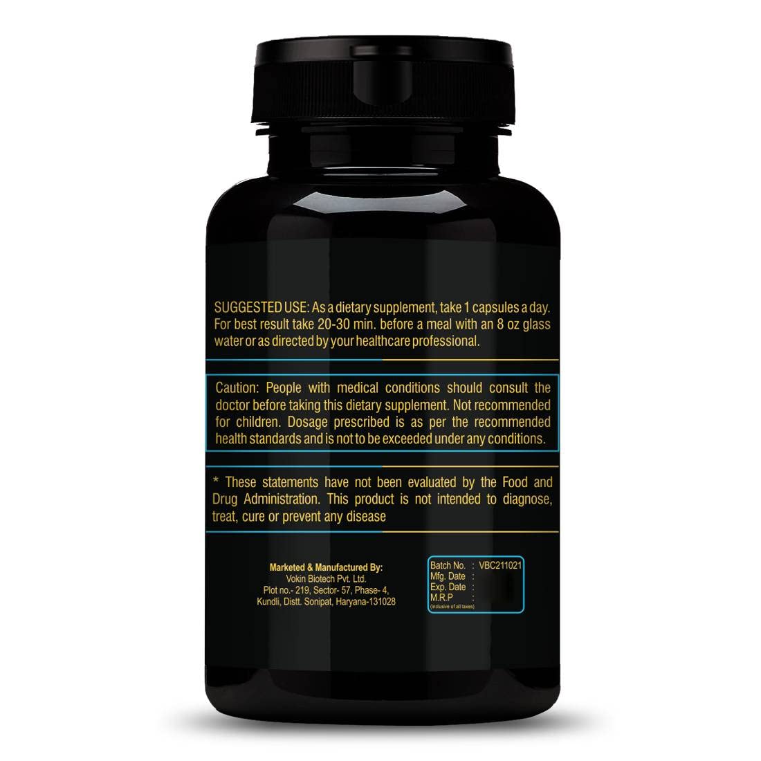 Black supplement bottle with yellow text on a white background