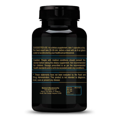 Black supplement bottle with yellow text on a white background