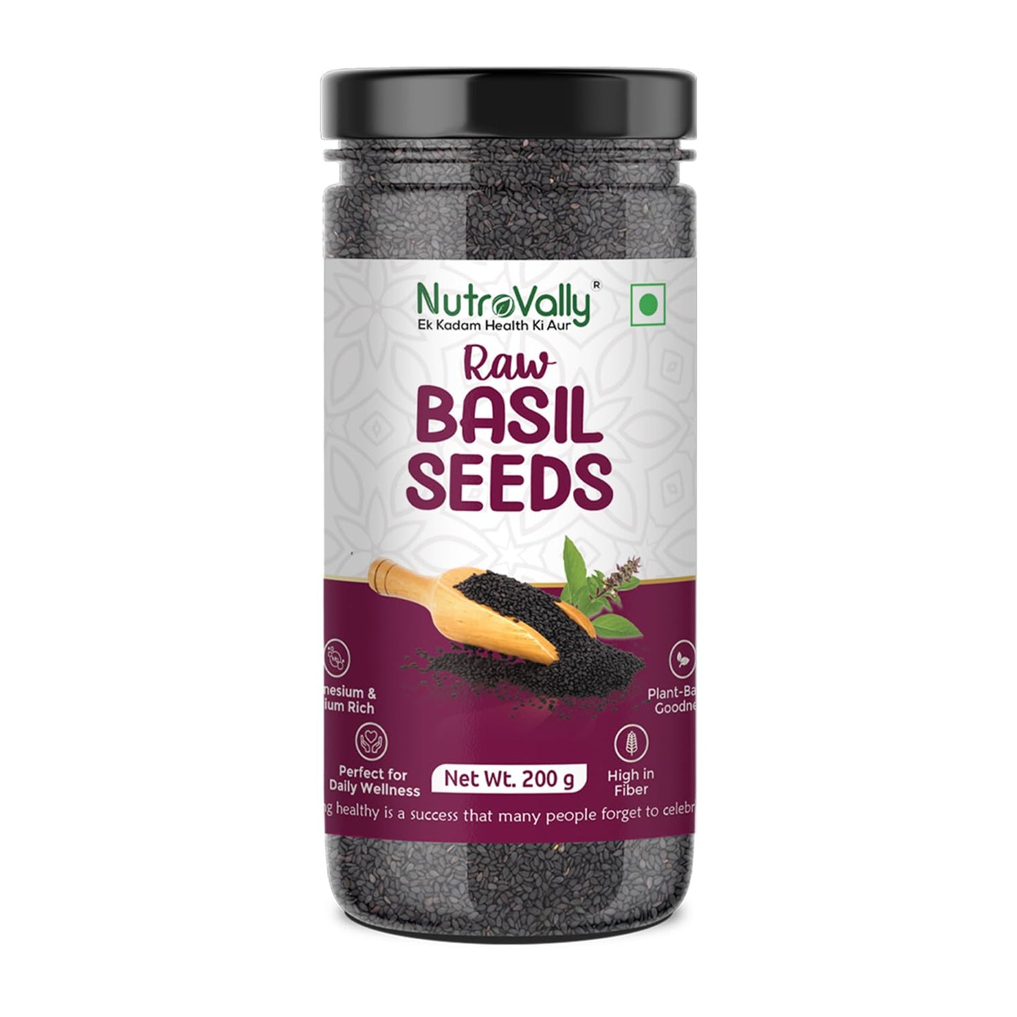 NutroVally Raw Basil Seeds 200g | Sabja Seeds Rich in Fiber, Plant-Based Protein & Essential Nutrients | Supports Digestion, Hydration, Satiety | Vegan, Gluten-Free Superfood for Detox Drink & Recipes