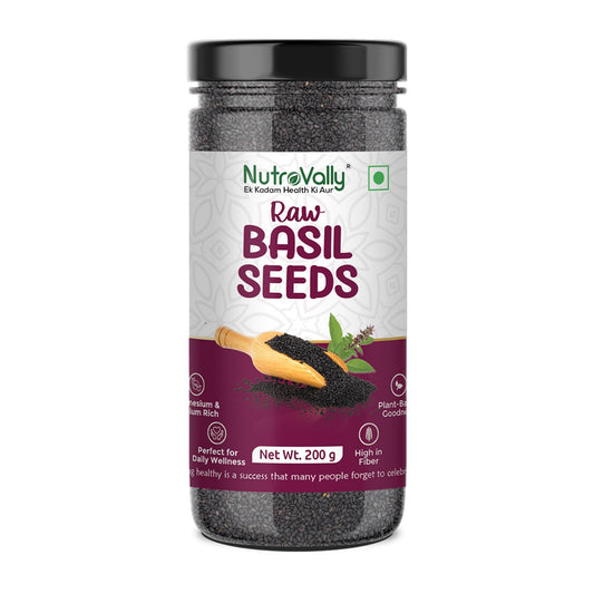 NutroVally Raw Basil Seeds 200g | Sabja Seeds Rich in Fiber, Plant-Based Protein & Essential Nutrients | Supports Digestion, Hydration, Satiety | Vegan, Gluten-Free Superfood for Detox Drink & Recipes