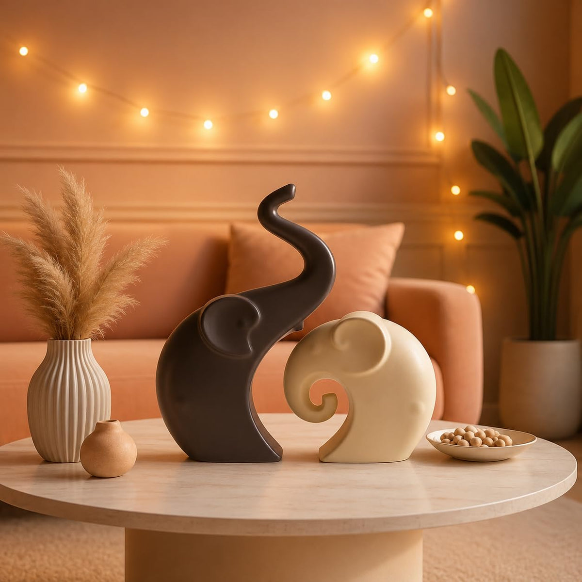 Lavish  Matte Home Décor Elephant Set | Ceramic Figurines - (Set of 2 piece, Brown Cream)