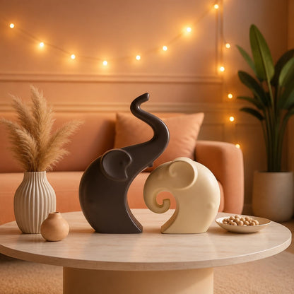 Lavish  Matte Home Décor Elephant Set | Ceramic Figurines - (Set of 2 piece, Brown Cream)