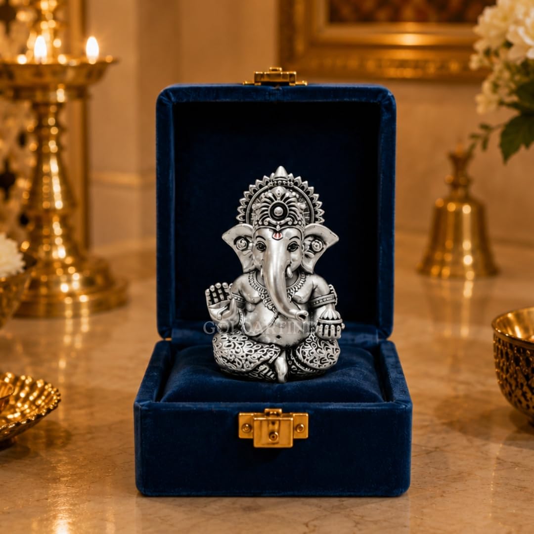 Gold Art India Ganesh Idol 999 Silver Plated Antique Matte | 3 x 2 Inch Ganesha Murti with Peacock Blue Velvet Gift Box | Home Temple, Office Desk & Spiritual Gift