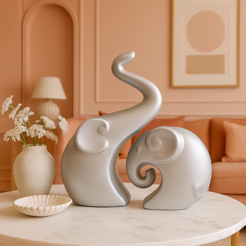 Muted Metallic Matte Silver Home Decor Elephant Couple Ceramic Figurines | Launched for the First time in India - (Set of 2, Silver)