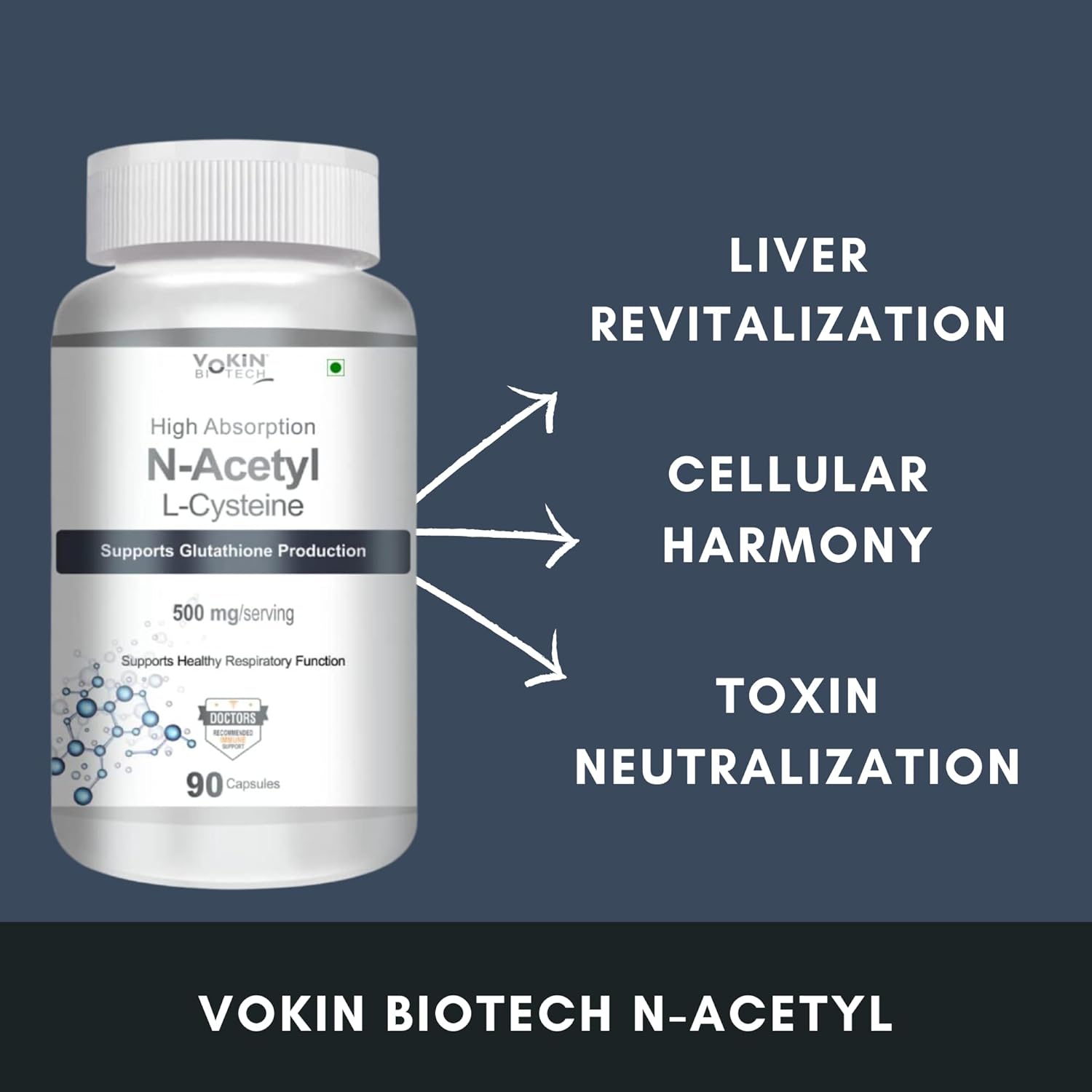 Vakin Biotech N-Acetyl supplement bottle with text on a dark blue background