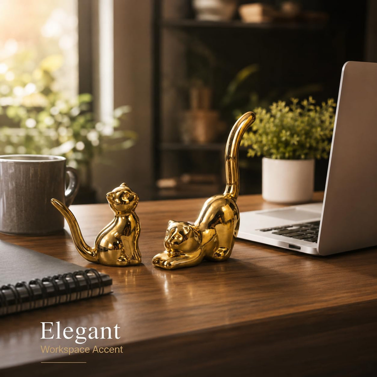 Street27 Home Decor Cat Statues, Modern Style Ceramic Golden Cat Figurine Statues for Home Decor Accents Living Room Office Table Bookshelf Desk Bedroom (2pcs Cute Cat)