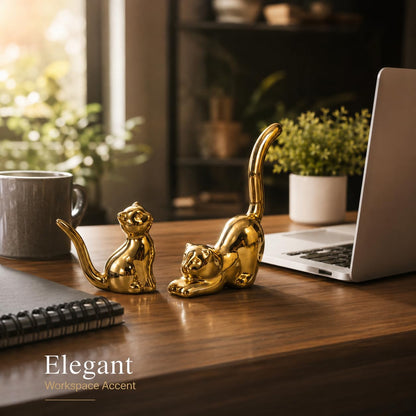 Street27 Home Decor Cat Statues, Modern Style Ceramic Golden Cat Figurine Statues for Home Decor Accents Living Room Office Table Bookshelf Desk Bedroom (2pcs Cute Cat)