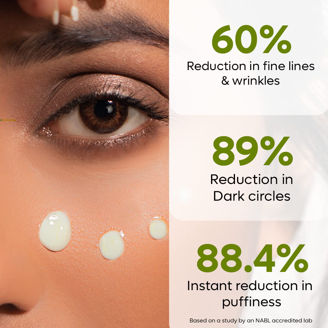 Close-up of a person's eye with skincare product application, showing reduction statistics on fine lines, dark circles, and puffiness.