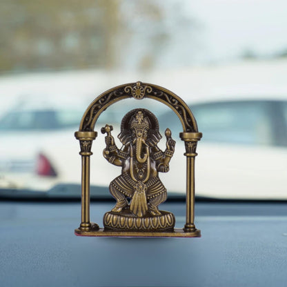 Gajanan Ganesh Ji with Artistic Frame Idol for Car Dashboard – Brass Finish Ganpati Ji Murti Spiritual Decor for Home, Car & Office (S975-BRS)