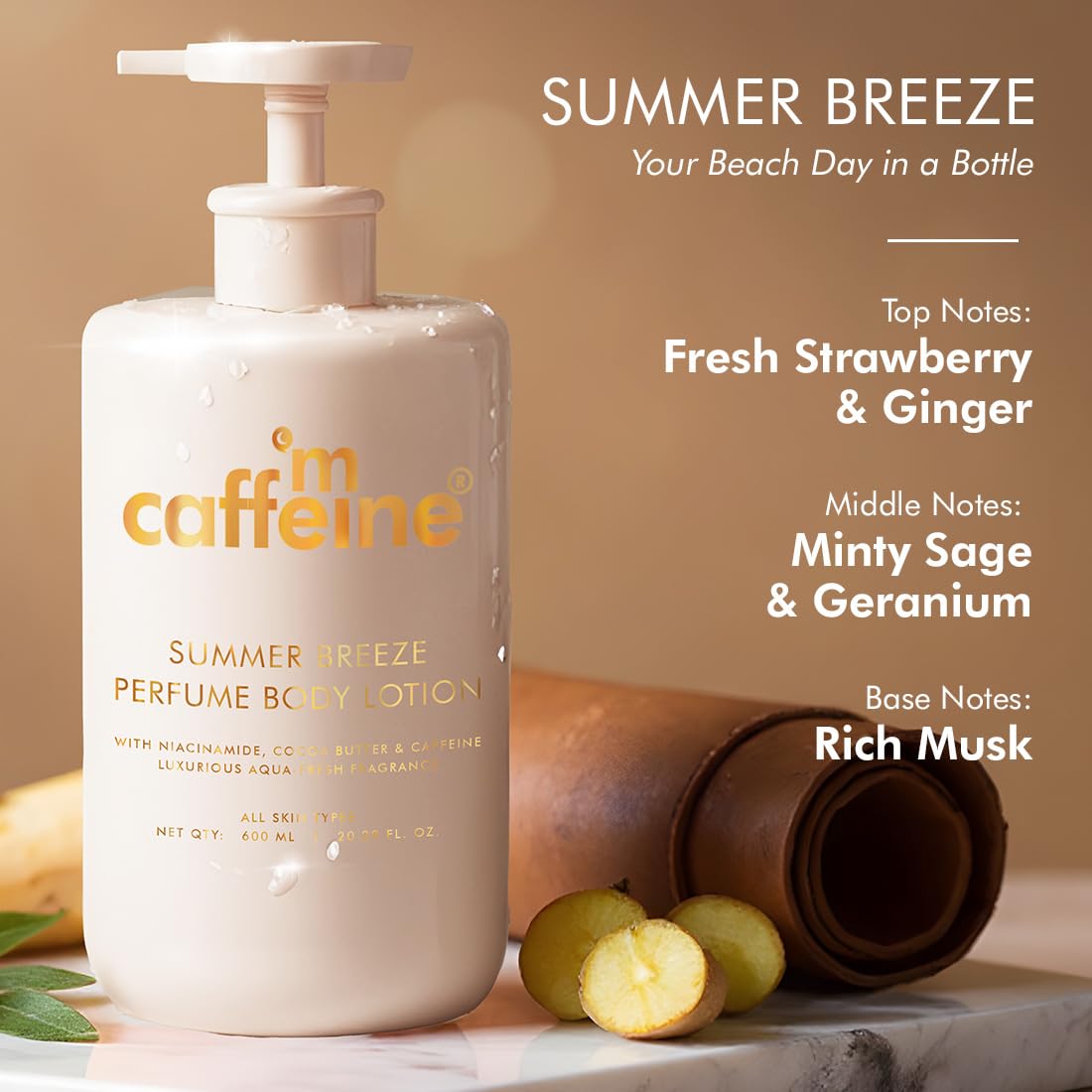 mCaffeine Summer Breeze Perfume Body Lotion| Niacinamide, Cocoa Butter & Shea Butter For Deep Moisturization | Lightweight, Non-Sticky | Aqua-Fresh Beachy Fragrance | Body Lotion For Dry Skin - 600ml