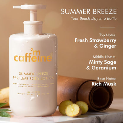 mCaffeine Summer Breeze Perfume Body Lotion| Niacinamide, Cocoa Butter & Shea Butter For Deep Moisturization | Lightweight, Non-Sticky | Aqua-Fresh Beachy Fragrance | Body Lotion For Dry Skin - 600ml