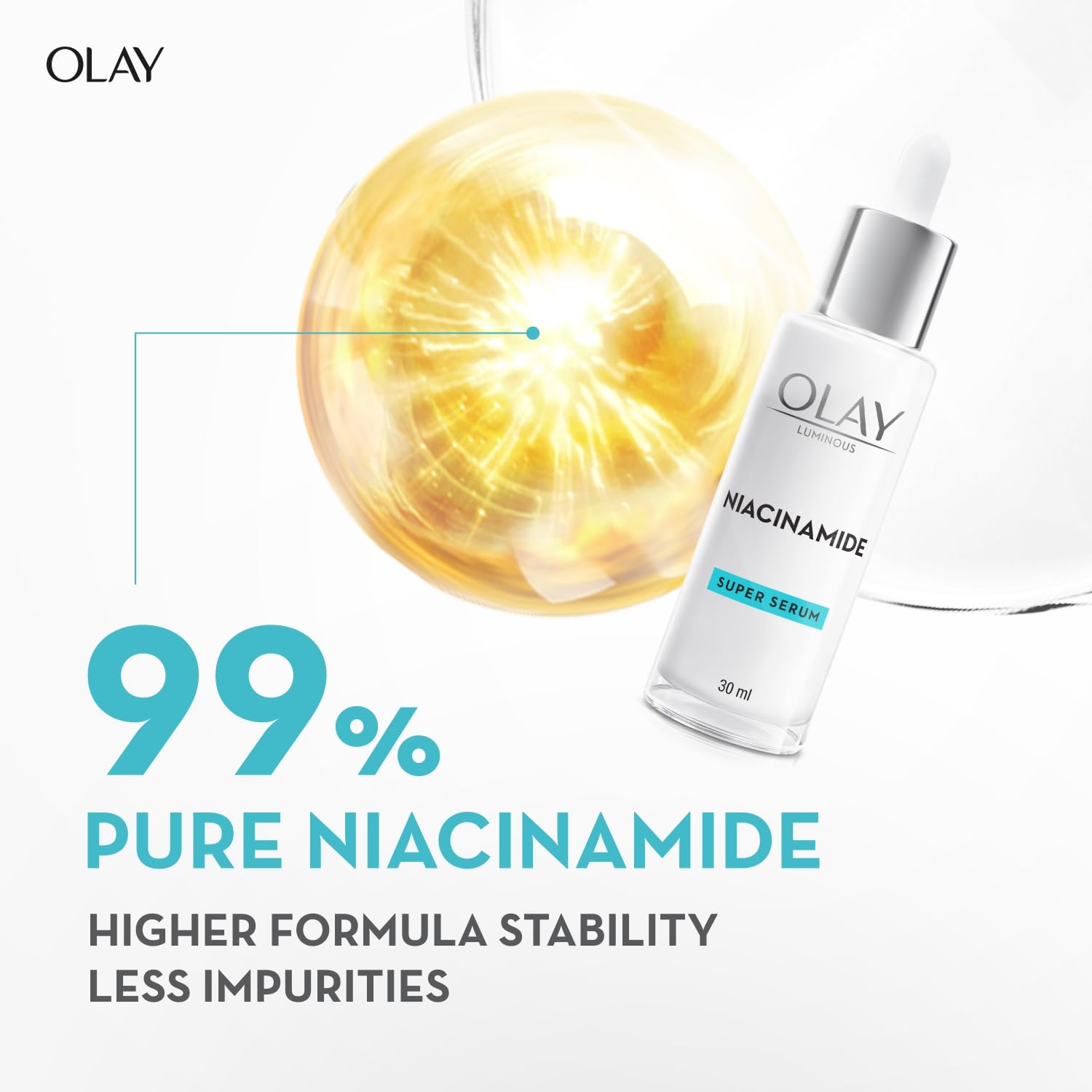 Olay Niacinamide serum bottle with eye dropper and eye close-up on a white background