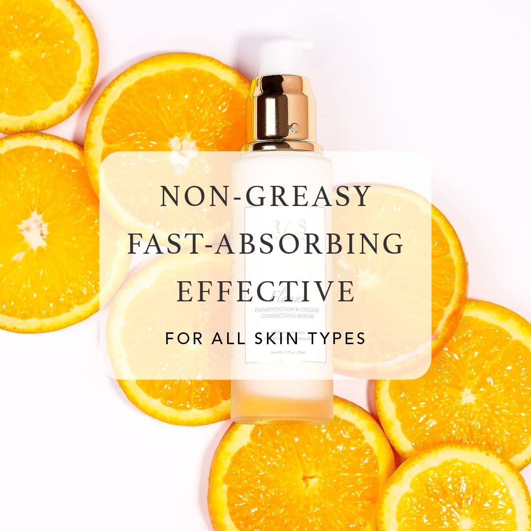 Perfume bottle with text 'Non-Greasy Fast-Absorbing Effective' surrounded by sliced oranges on a white background