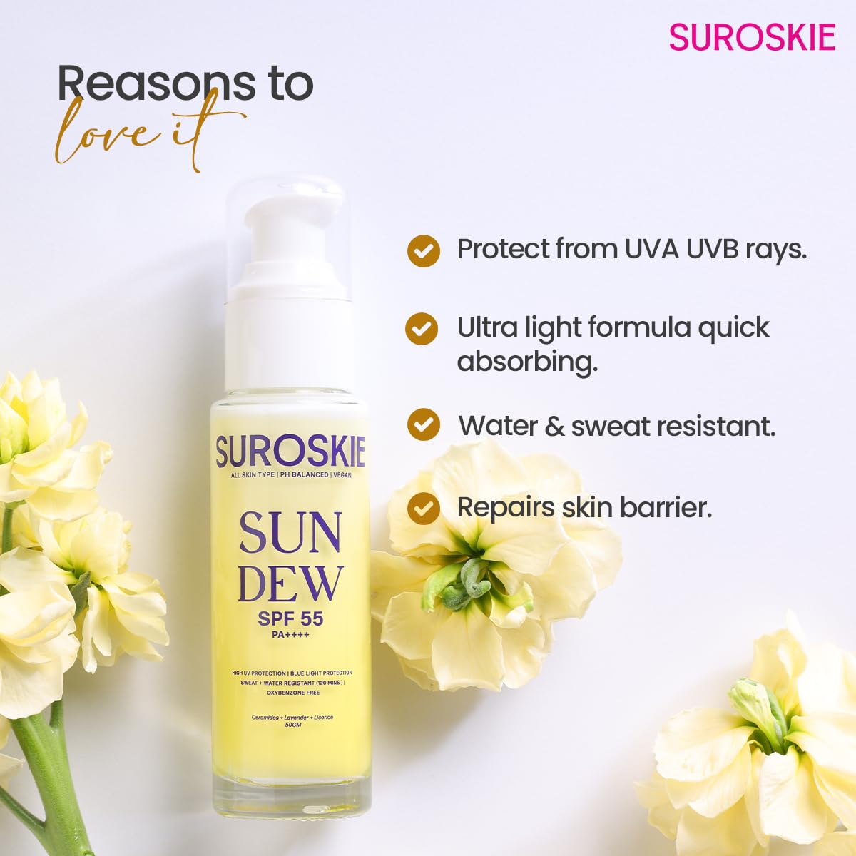 SUROSKIE Sun Dew SPF 55 sunscreen bottle with flowers on a white background