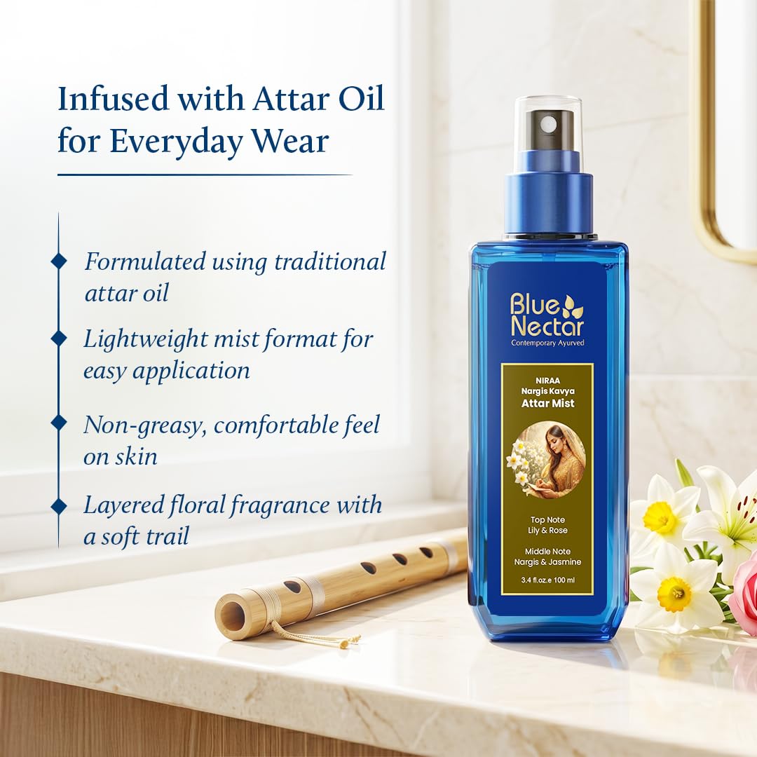 Blue Nectar Niraa Nargis Kavya Attar Mist | Perfume Mist for Women & Men | Long-Lasting Nargis Attar with Lily, Rose & Jasmine | Floral Body Mist Spray | Travel-Friendly (100 ml)