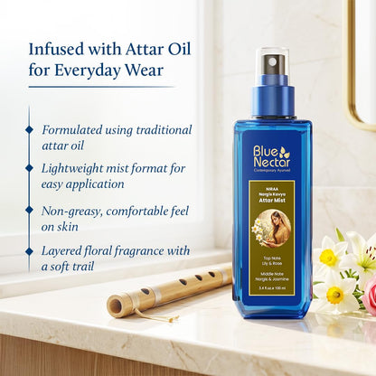 Blue Nectar Niraa Nargis Kavya Attar Mist | Perfume Mist for Women & Men | Long-Lasting Nargis Attar with Lily, Rose & Jasmine | Floral Body Mist Spray | Travel-Friendly (100 ml)