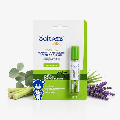 Softsens Baby Mosquito Repellent Fabric Roll-On 8ml each (Pack of 2) | Natural Plant-Based Protection | DEET-Free & Safe for Clothes | Up to 8 Hour Shield for Babies & Kids | Compact & Travel-Friendly | Non-Staining Formula