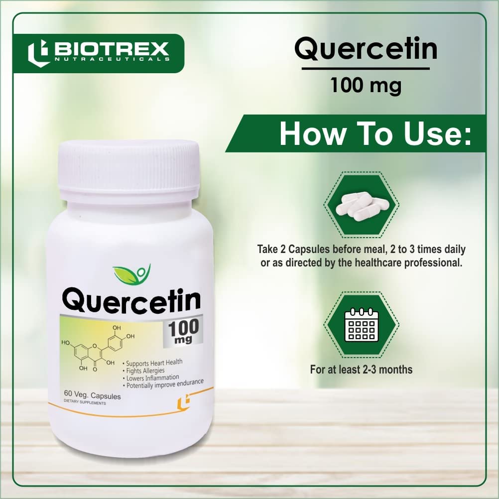 Biotrex Nutraceuticals Quercetin 100mg | Supports Energy, Brain & Heart Health | Antioxidant | Cardiovascular & Respiratory Health – 60 Veg Capsules