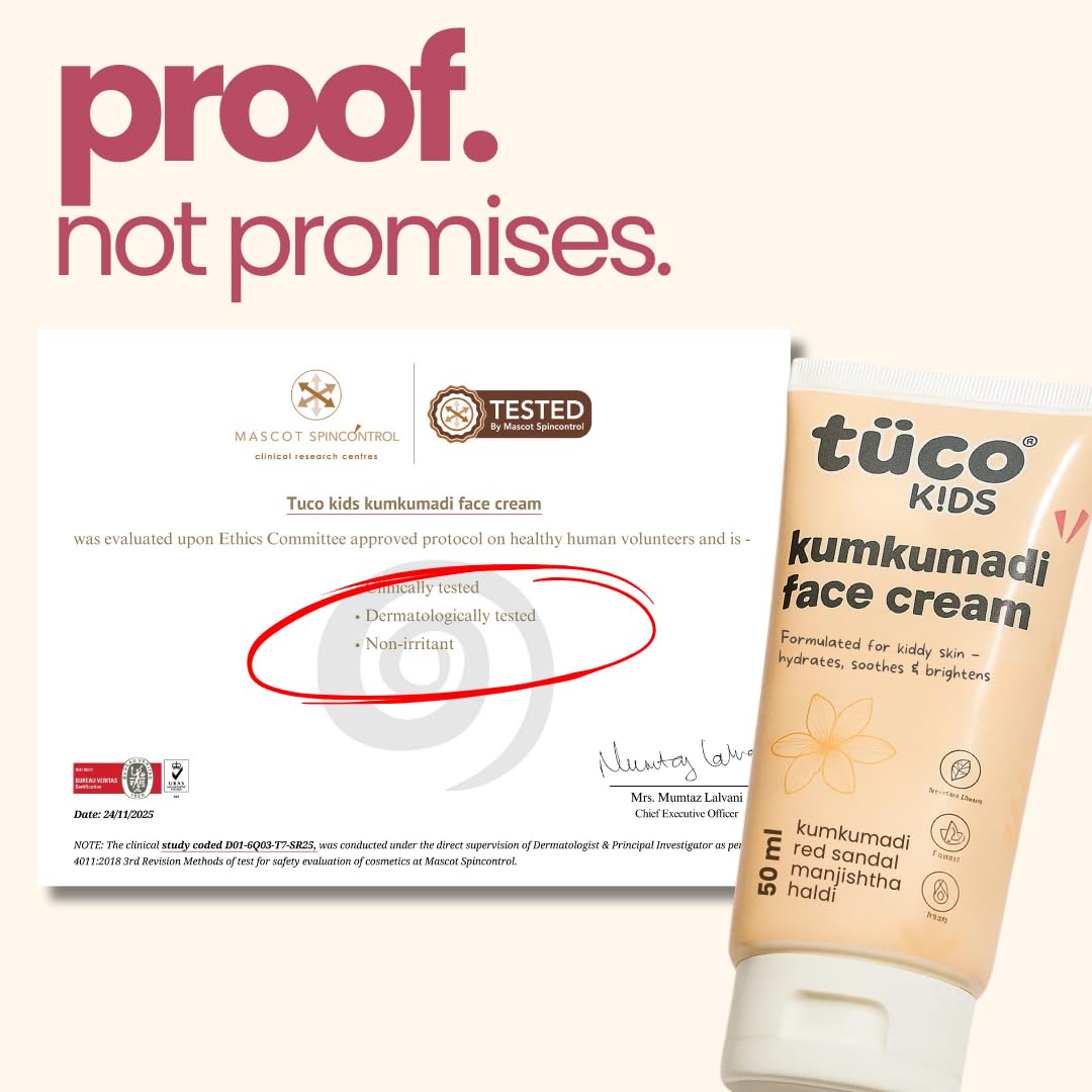 Tuco® Kids Kumkumadi Face Cream | Lightweight, Non Greasy & Fast Absorbing | Infused with Kumkumadi, Red Sandal Majistha & Turmeric | Fights Tan, Brighten Skin & Reduce Dull Spots | SLS & Paraben Free | Safe for Baby-50gm