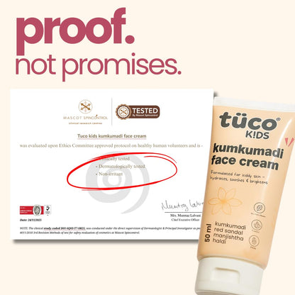 Tuco® Kids Kumkumadi Face Cream | Lightweight, Non Greasy & Fast Absorbing | Infused with Kumkumadi, Red Sandal Majistha & Turmeric | Fights Tan, Brighten Skin & Reduce Dull Spots | SLS & Paraben Free | Safe for Baby-50gm