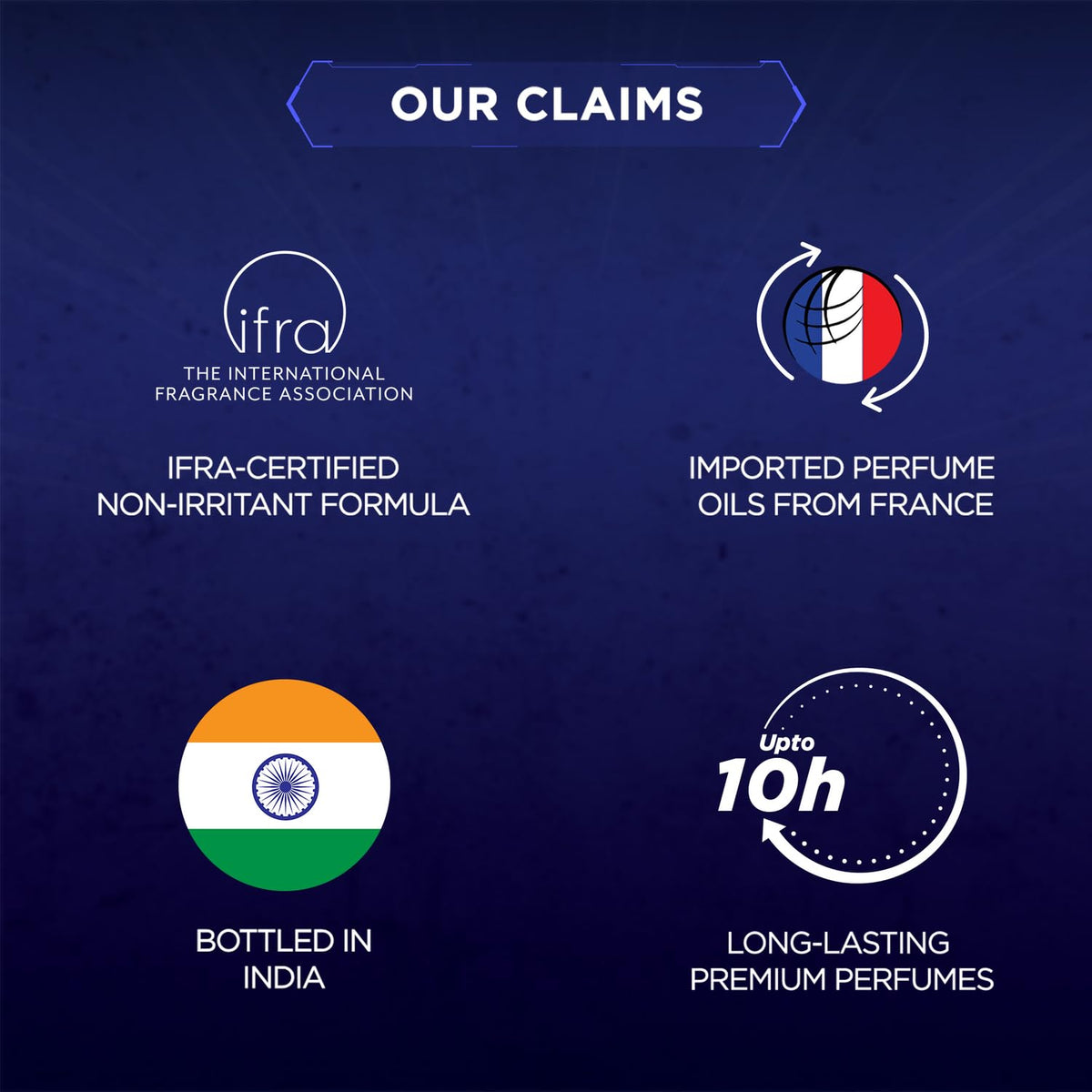 List of product claims with logos and text on a dark blue background